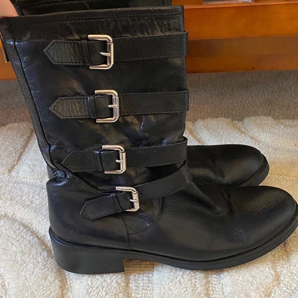 Aquatalia Leather Moto Boots with Silver Buckles